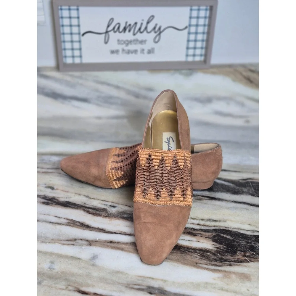 Spiegel Vintage Tan Suede Woven Vamp Pointed Toe Loafers Made in Italy Size 7.5M